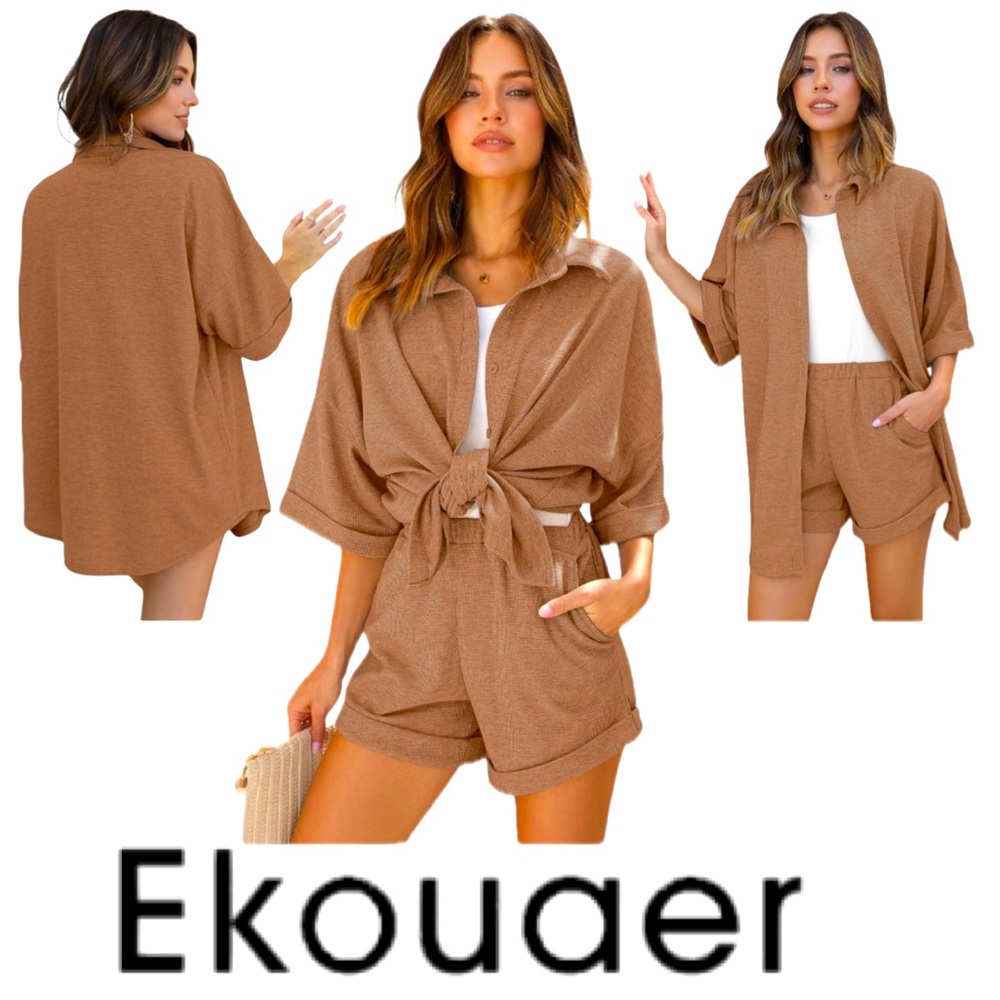 EKOUAER Waffle Knit Lounge Sets Short Sleeve Pajamas Button Down Women’s Sz XXL
